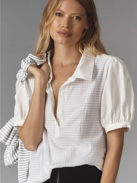 Anthropologie Tops - Anthropologie Maeve Puff Sleeve Sea Breeze Oversized Top Sz S